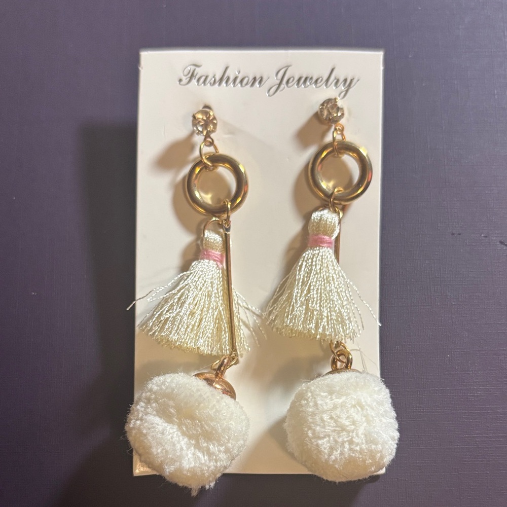 Elegant Gold and Cream Tassel Earrings